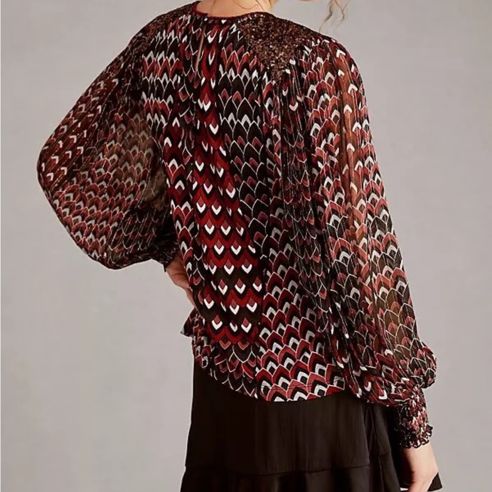 Anthropologie BL^NK London Black Red Sequin Shoulder Metallic Flowy Blouse S NWT - Picture 14 of 14